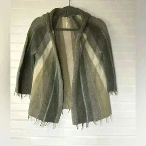 Free People Aztec Stripe Fringe Hoodie Knit Cardigan Wool Blend S/P  Open hood